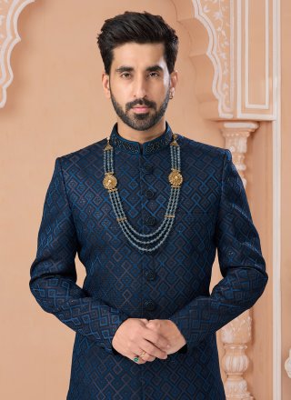 Fetching Blue Jacquard Indo Western Sherwani with Embroidered, Sequins and Thread Work