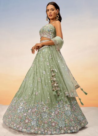 Fetching Green Chiffon Lehenga Choli with Embroidered and Sequins Work