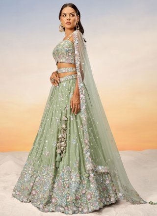 Fetching Green Chiffon Lehenga Choli with Embroidered and Sequins Work