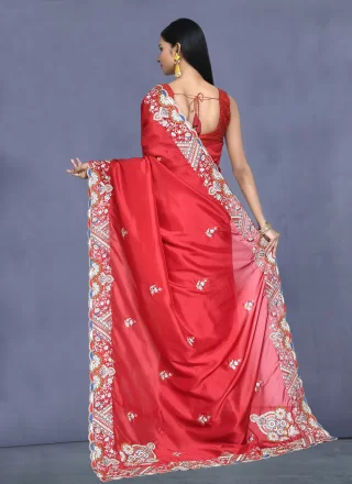 Fetching Red Crepe Silk Traditional Saree with Embroidered and Sequins Work