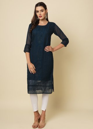 Fetching Teal Georgette Casual Kurti with Chikankari, Embroidered and Thread Work