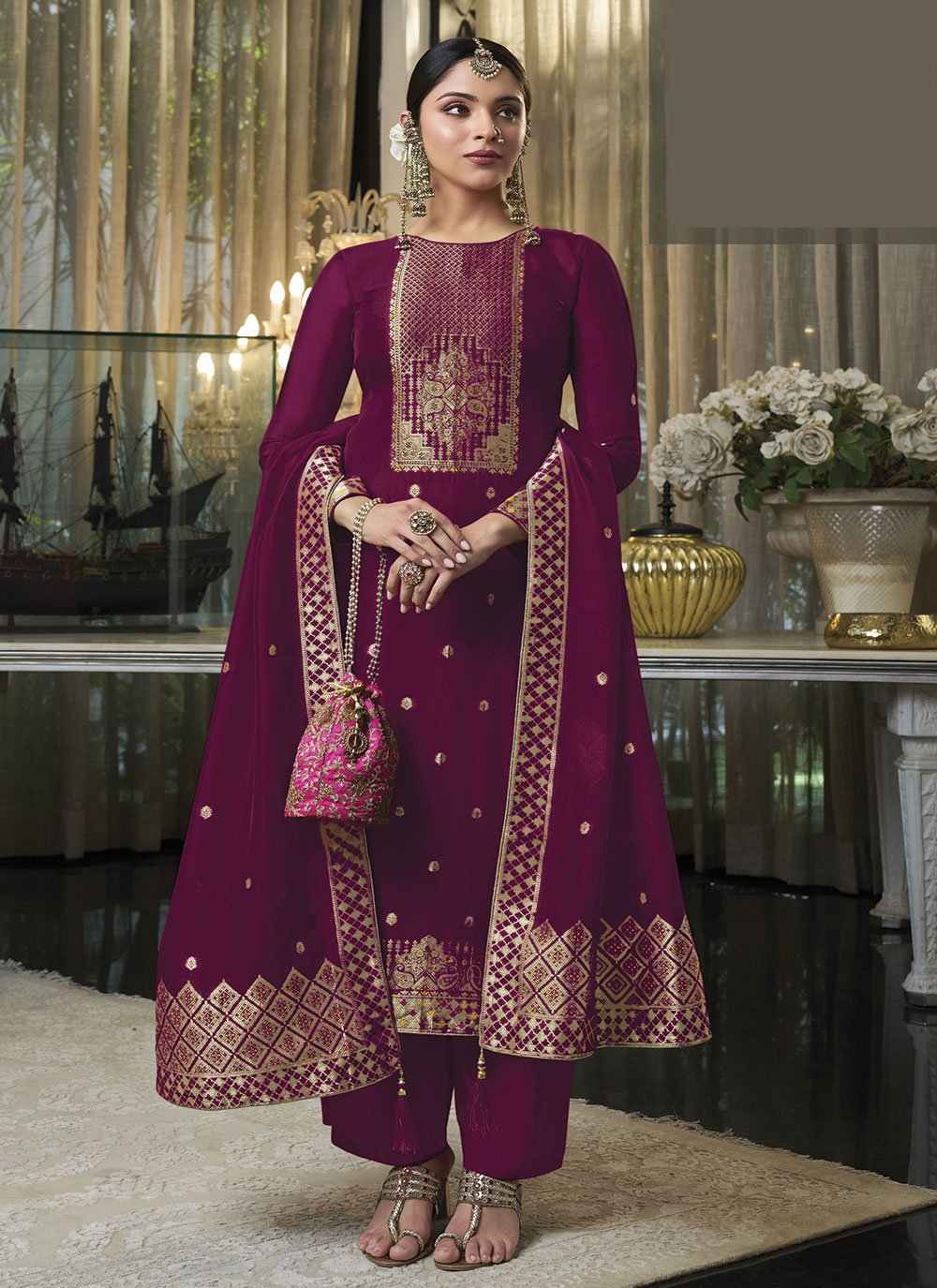 Purple Ethnic Motifs Embroidered Kurta & Trousers With Dupatta– Inddus.in