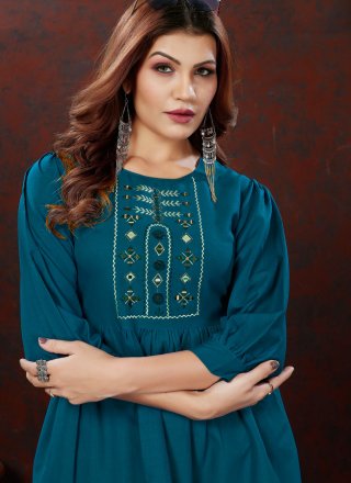 Fine Teal Cotton Designer Kurti with Embroidered and Mirror Work