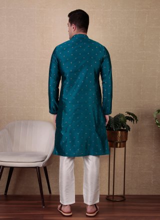 Fine Teal Jacquard Silk Kurta Pyjama