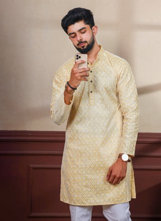 Fine Yellow Silk Kurta Pyjama with Chikankari and Embroidered Work