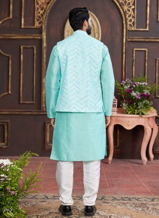 Firozi and Green Art Silk Kurta Payjama with Jacket