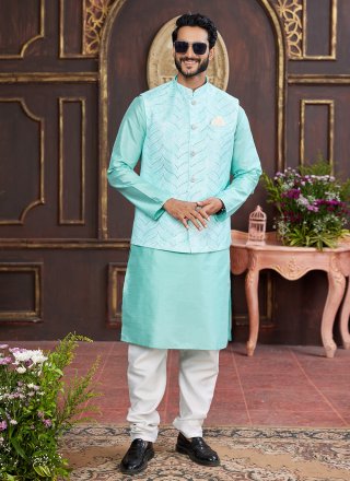 Firozi and Green Art Silk Kurta Payjama with Jacket
