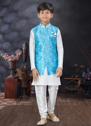 Firozi and Off White Art Silk Print Work Kurta Payjama with Jacket for Festival