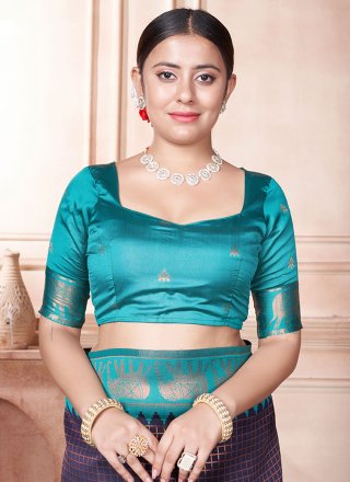 Firozi and Purple Kanjivaram Silk Woven Work Designer Sari for Ceremonial