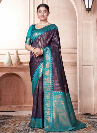 Firozi and Purple Kanjivaram Silk Woven Work Designer Sari for Ceremonial