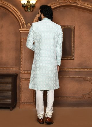Firozi Art Silk Embroidered, Hand and Resham Work Sherwani Mens Wear for Ceremonial
