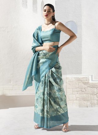 Firozi Art Silk Patch Border, Digital Print and Zari Work Classic Saree for Women
