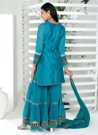 Firozi Art Silk Salwar Suit with Embroidered and Sequins Work