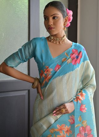 Firozi Banarasi Silk Floral Patch Work Classic Saree for Women