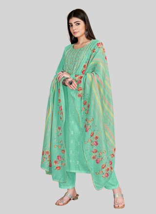 Firozi Chanderi Silk Embroidered Work Pant Style Suit