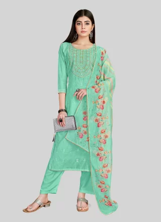 Firozi Chanderi Silk Embroidered Work Pant Style Suit