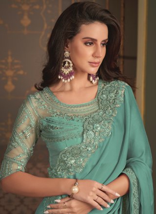 Firozi Chiffon Patch Border and Embroidered Work Trendy Saree