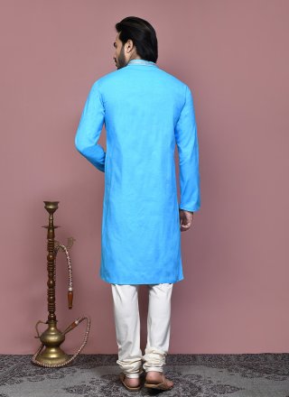Firozi Cotton Embroidered and Resham Work Kurta Pyjama