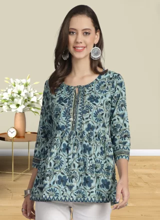 Firozi Cotton Hand and Print Work Party Wear Kurti for Casual