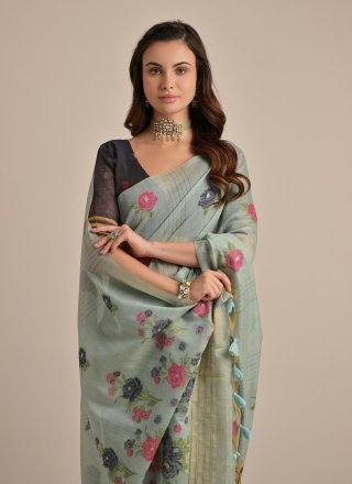 Firozi Cotton Print Work Trendy Saree for Women