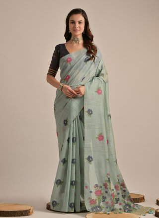 Firozi Cotton Print Work Trendy Saree for Women