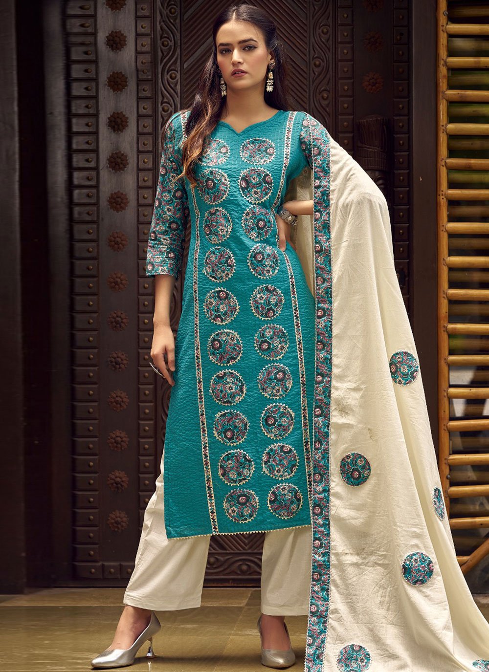 Buy Firozi Cotton Salwar Suit with Digital Print Work : 303906 -