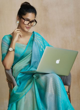 Firozi Fancy Fabric Digital Print Work Traditional Saree for Ceremonial