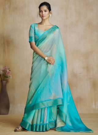 Firozi Fancy Fabric Digital Print Work Traditional Saree for Ceremonial