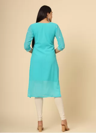 Firozi Georgette Chikankari and Embroidered Work Casual Kurti