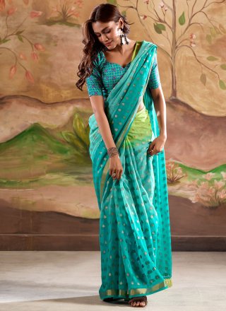 Firozi Georgette Patch Border and Zari Work Trendy Saree