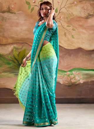 Firozi Georgette Patch Border and Zari Work Trendy Saree