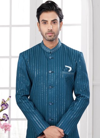 Firozi Imported Indo Western with Machine Embroidery and Thread Work for Men