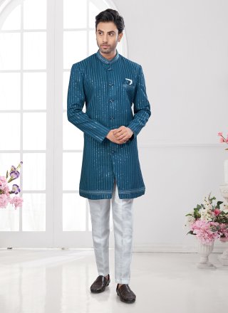 Firozi Imported Indo Western with Machine Embroidery and Thread Work for Men