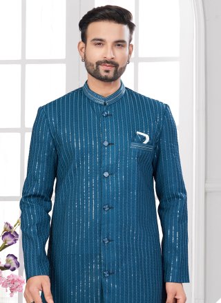 Firozi Imported Machine Embroidery and Thread Work Sherwani Mens Wear for Ceremonial