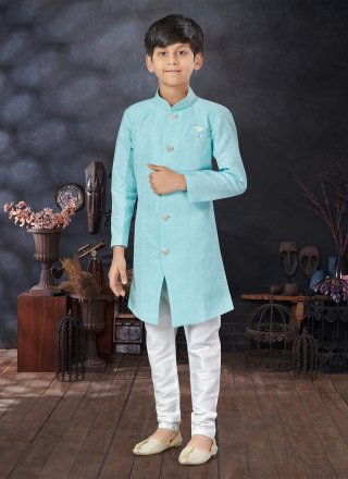 Firozi Jacquard Buttons, Fancy and Thread Work Indo Western for Kid