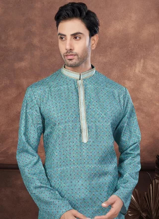 Firozi Jacquard Kurta Pyjama with Digital Print and Embroidered Work for Men