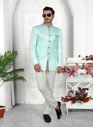 Firozi Jacquard Silk Buttons and Embroidered Work Jacket Style