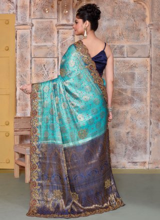 Firozi Kanjivaram Silk Embroidered and Stone Work Traditional Saree