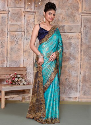 Firozi Kanjivaram Silk Embroidered and Stone Work Traditional Saree