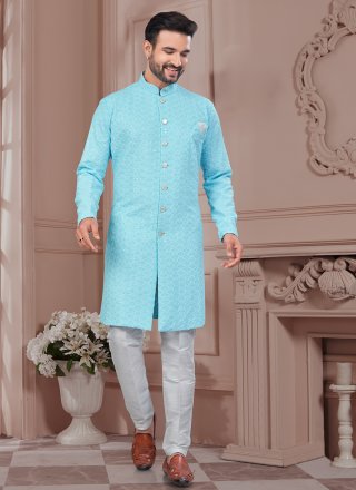 Firozi Lucknowi Indo Western Sherwani with Chikankari and Machine Embroidery Work for Men