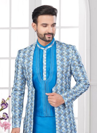 Firozi Machine Embroidery, Thread and Zari Work Banarasi Silk Sherwani Mens Wear