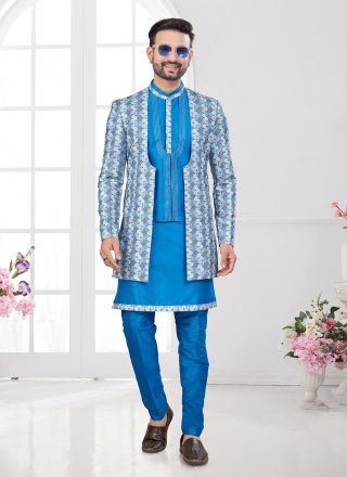 Firozi Machine Embroidery, Thread and Zari Work Banarasi Silk Sherwani Mens Wear