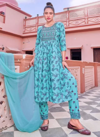 Firozi Rayon Salwar Suit with Digital Print and Embroidered Work