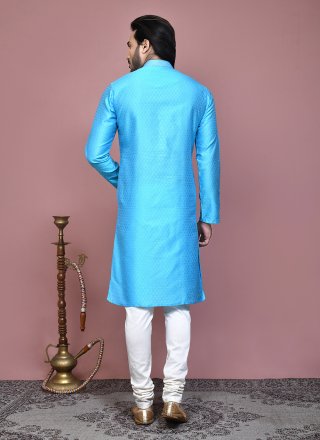 Firozi Resham and Woven Work Art Silk Kurta Pyjama