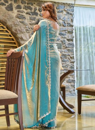 Firozi Satin Silk Cut Dana and Swarovski Work Designer Sari for Ceremonial
