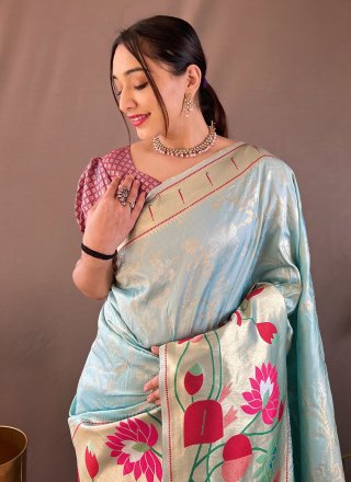 Firozi Silk Weaving Work Trendy Saree
