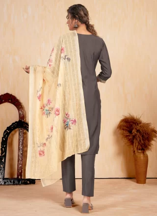 Flamboyant Grey Silk Salwar Suit with Embroidered Work