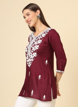 Flamboyant Wine Rayon Casual Kurti with Chikankari, Embroidered and Thread Work