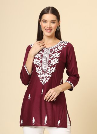 Flamboyant Wine Rayon Casual Kurti with Chikankari, Embroidered and Thread Work