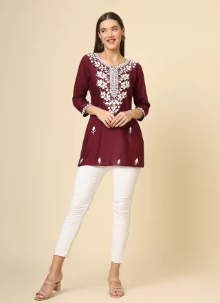 Flamboyant Wine Rayon Casual Kurti with Chikankari, Embroidered and Thread Work